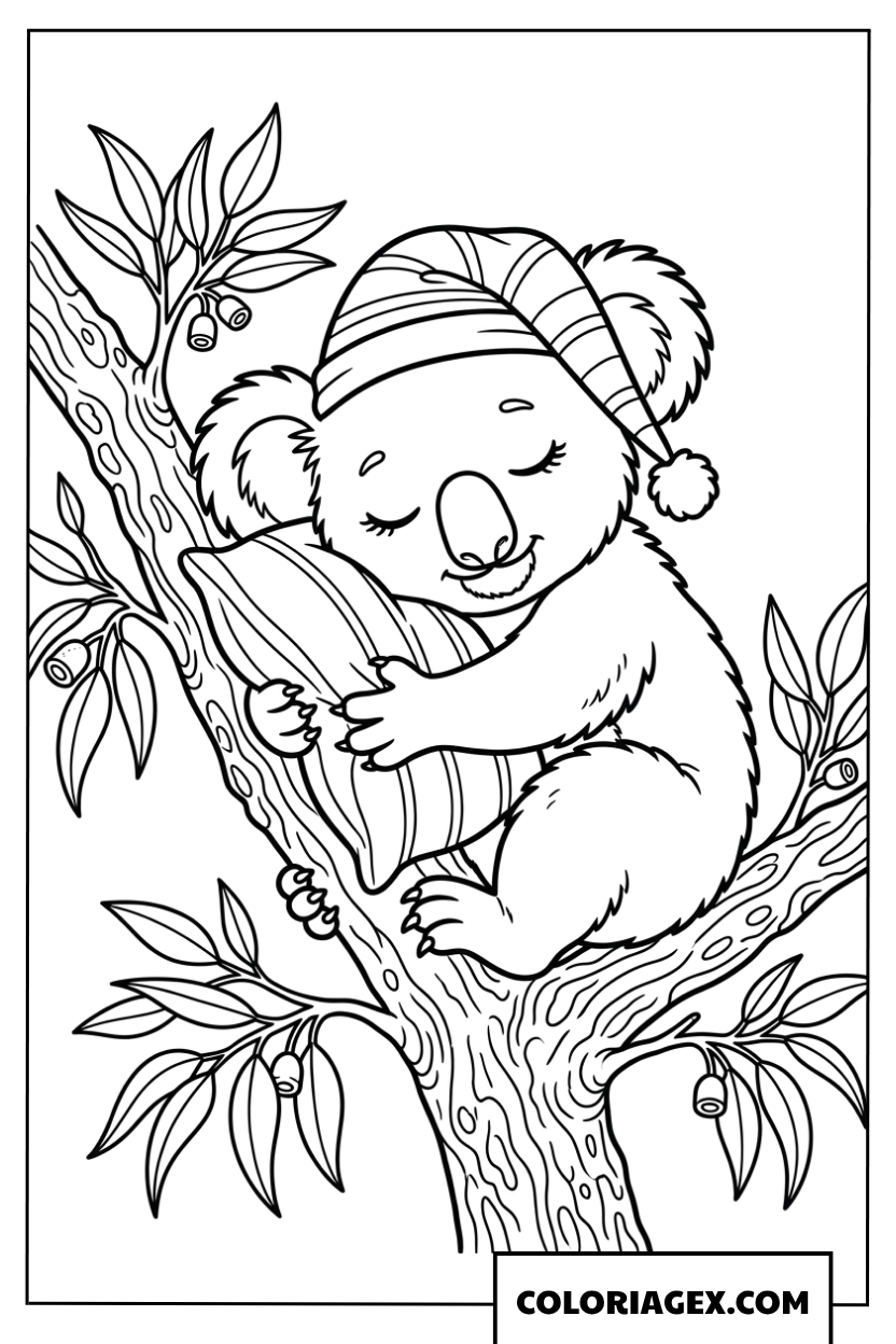 Coloriage de petit Koala dormant paisiblement avec un bonnet