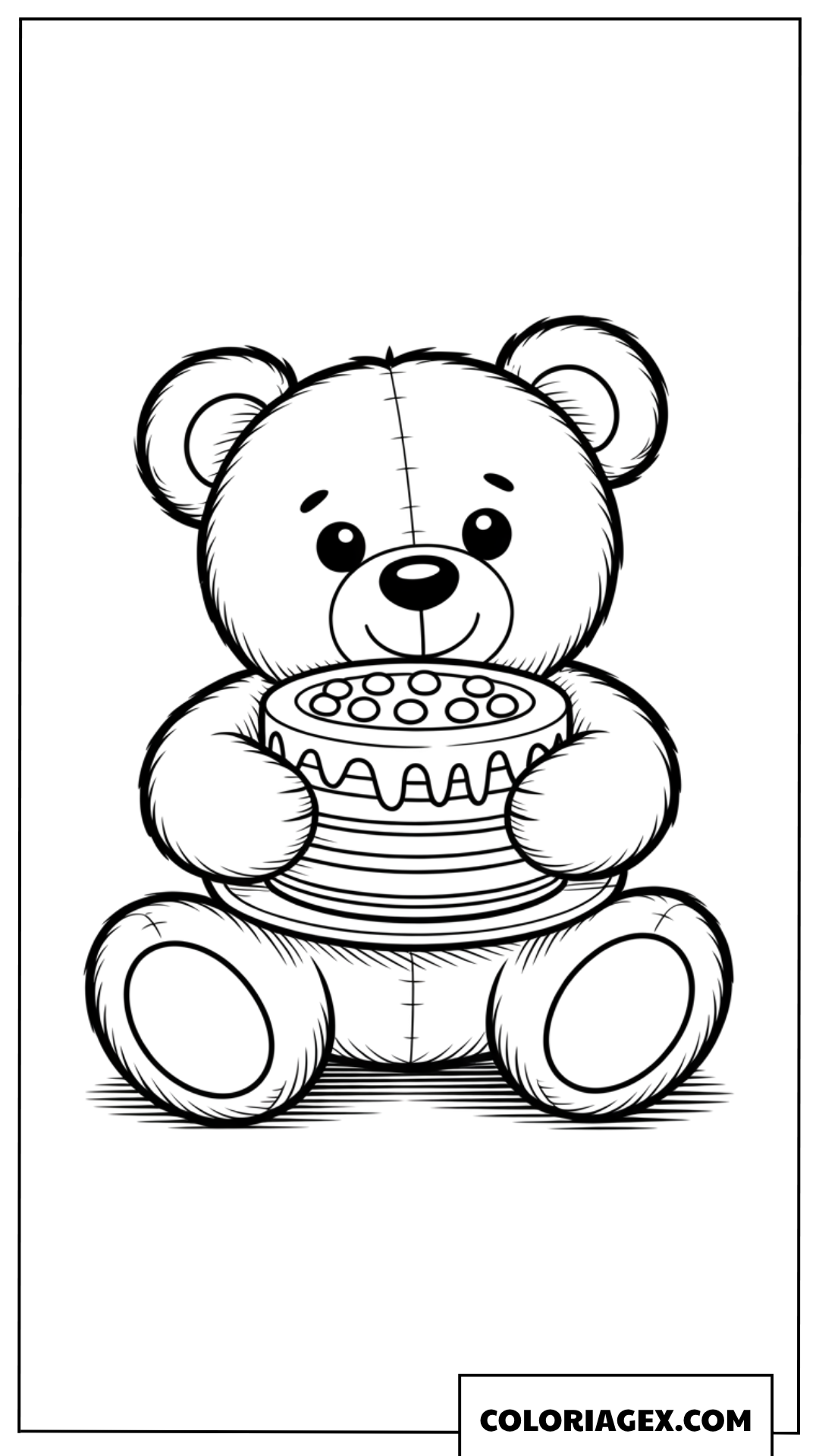 Coloriage de petit ours en peluche tenant un gateau