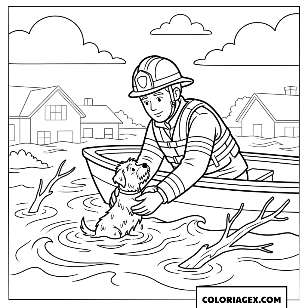 Coloriage de pompier sauvant un chien en crue