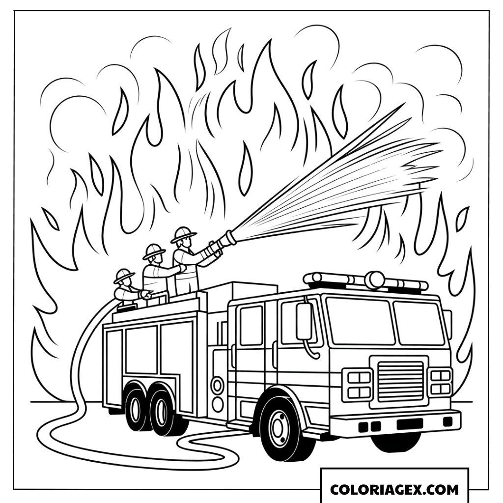 Coloriage de pompiers courageux combattant un incendie