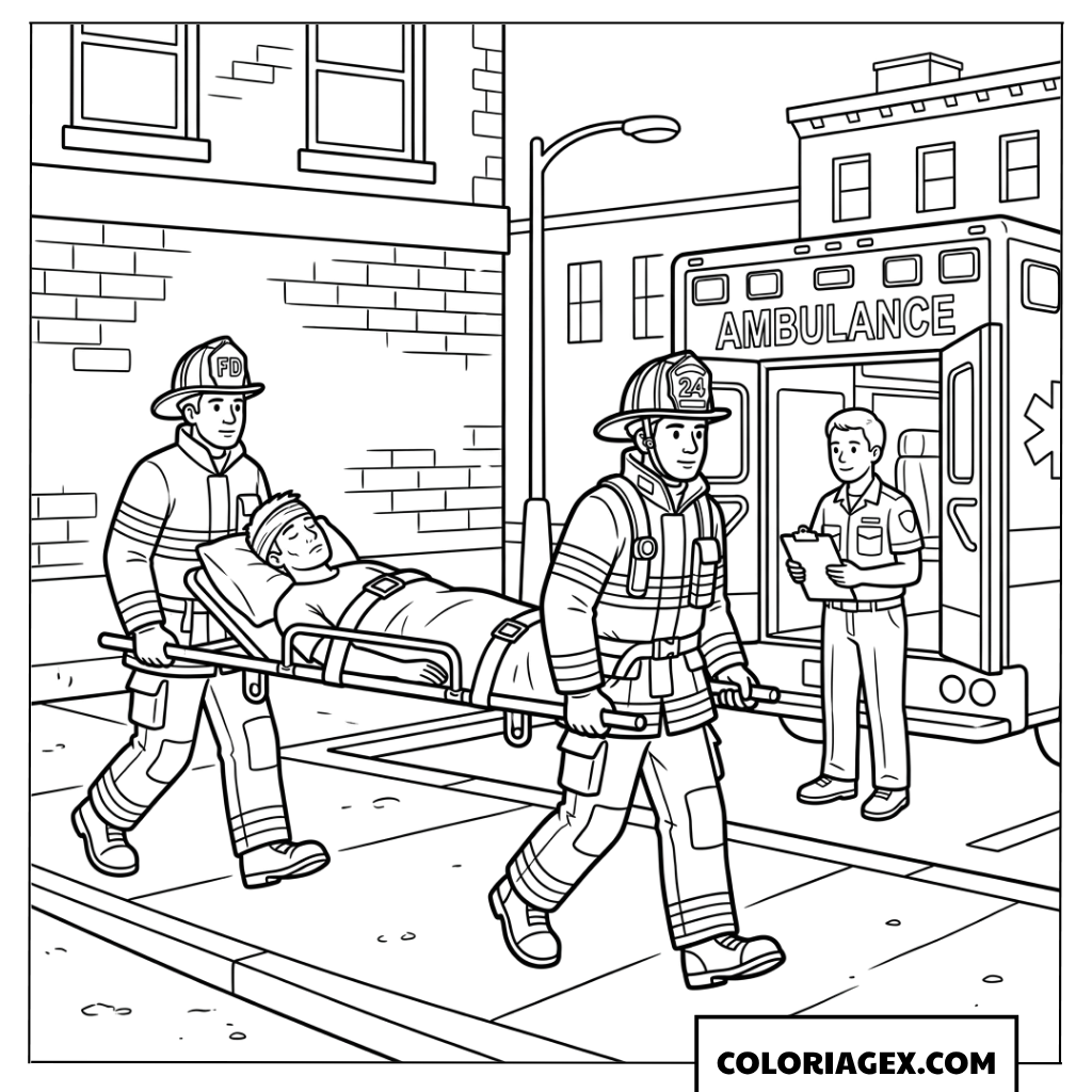 Coloriage de pompiers effectuant les premiers soins