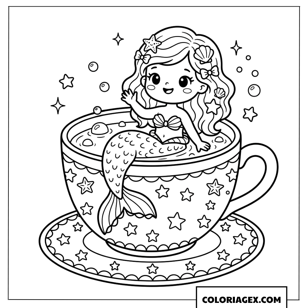 Coloriage de sirene Chibi assise dans une tasse de the rigolote