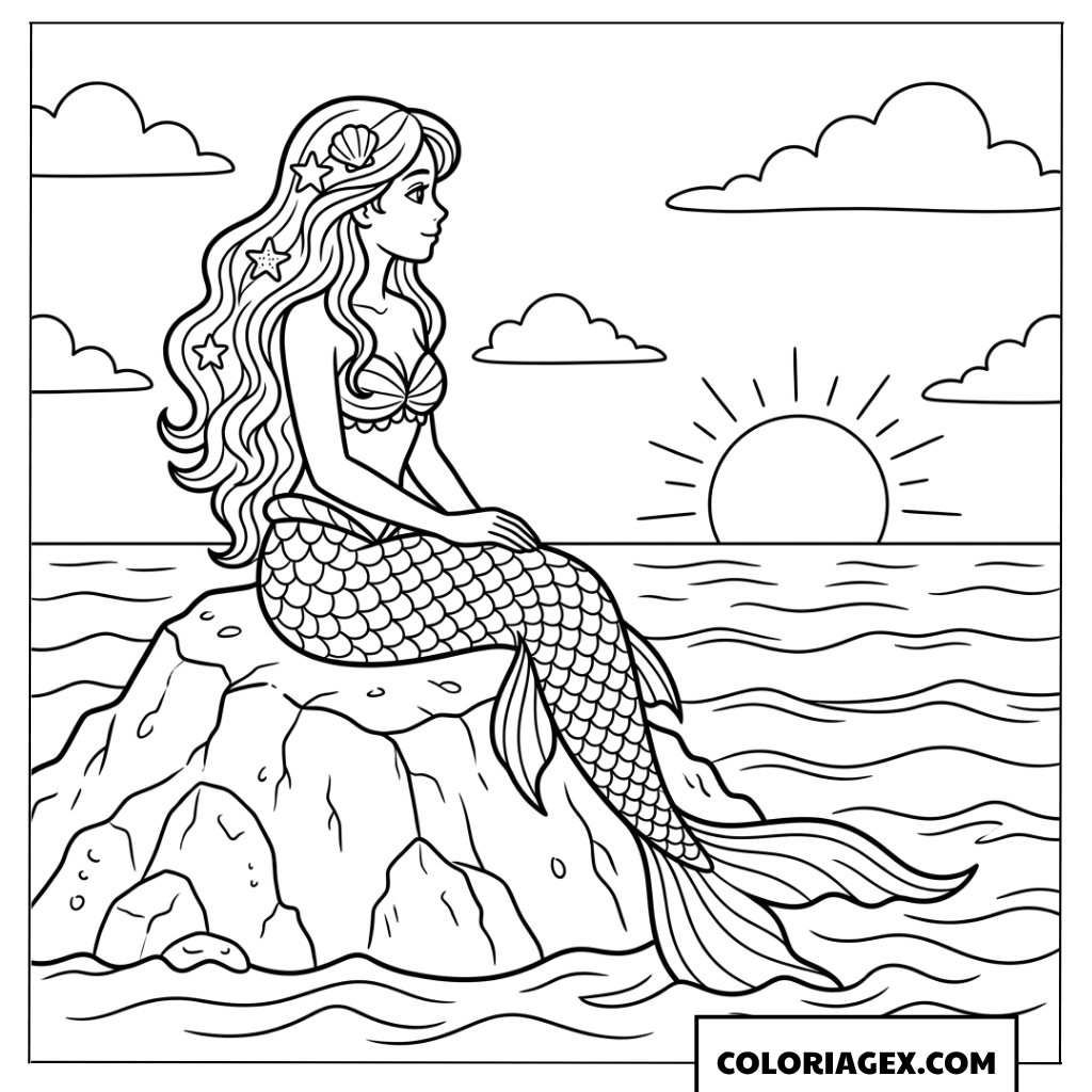 Coloriage de sirene assise regardant le coucher du soleil