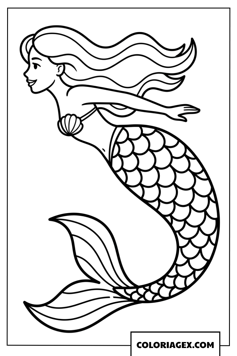 Coloriage de sirène de profil nageant avec de longs cheveux