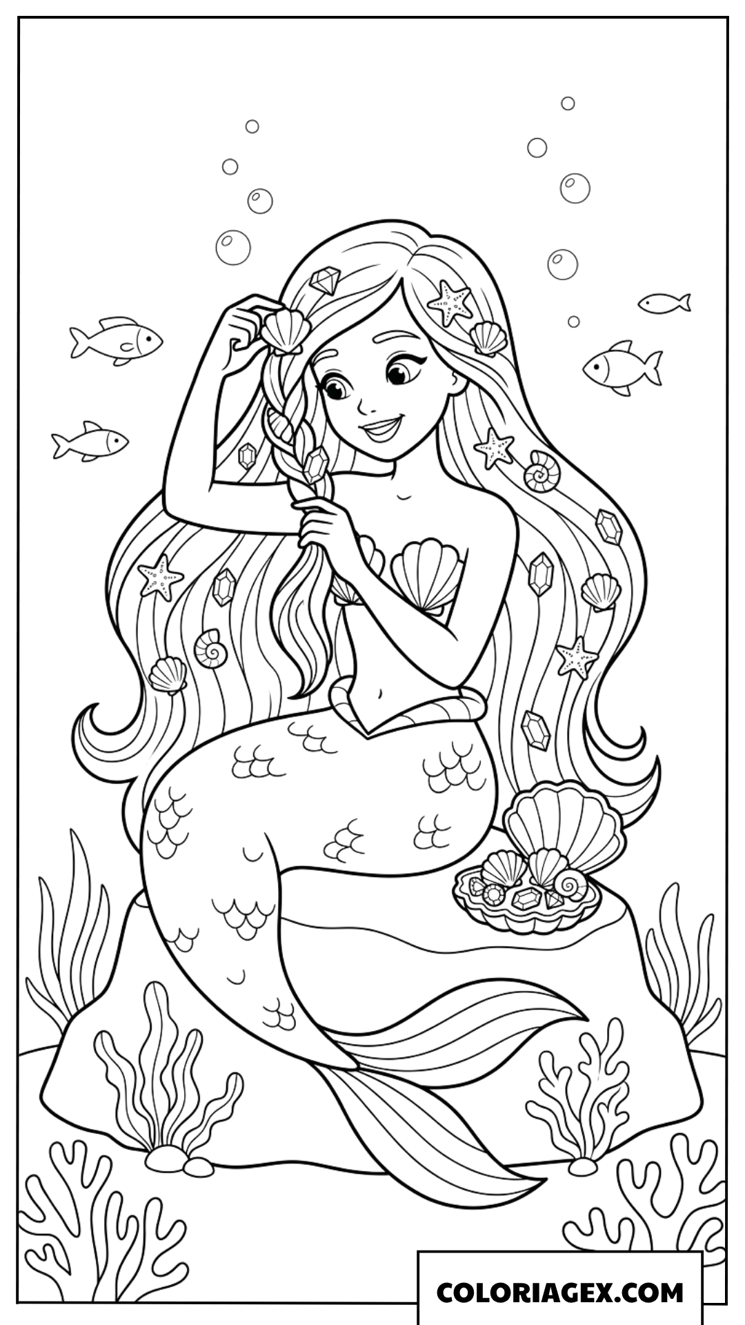 Coloriage de sirene decorant ses cheveux avec des coquillages