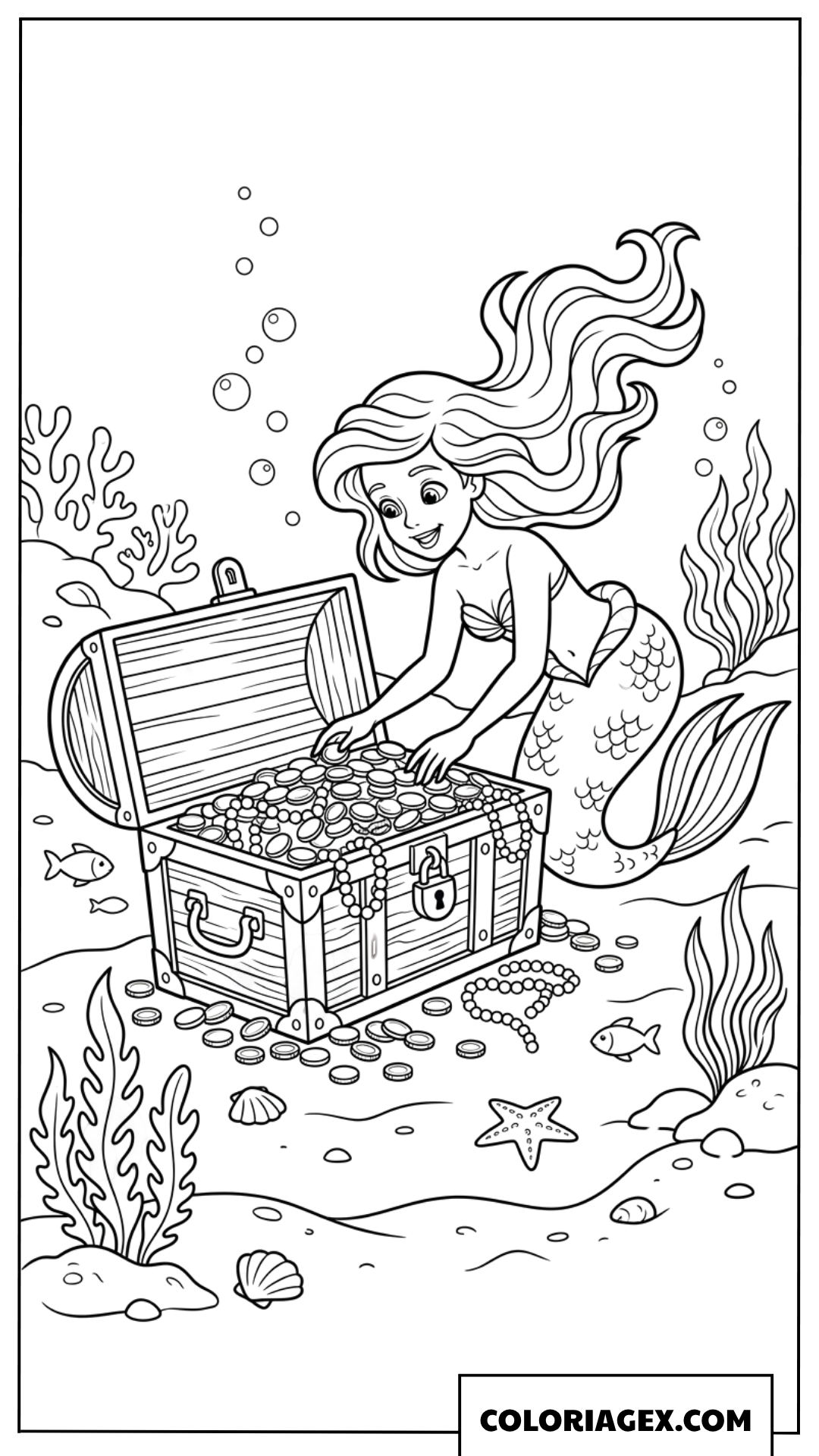 Coloriage de sirene decouvrant un coffre aux tresors