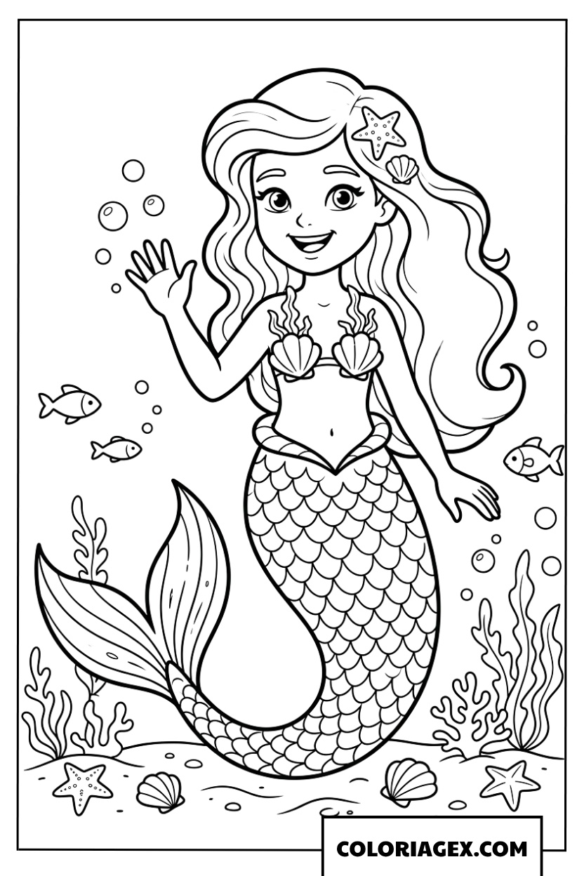 Coloriage de sirène souriante et radieuse au fond de l'océan