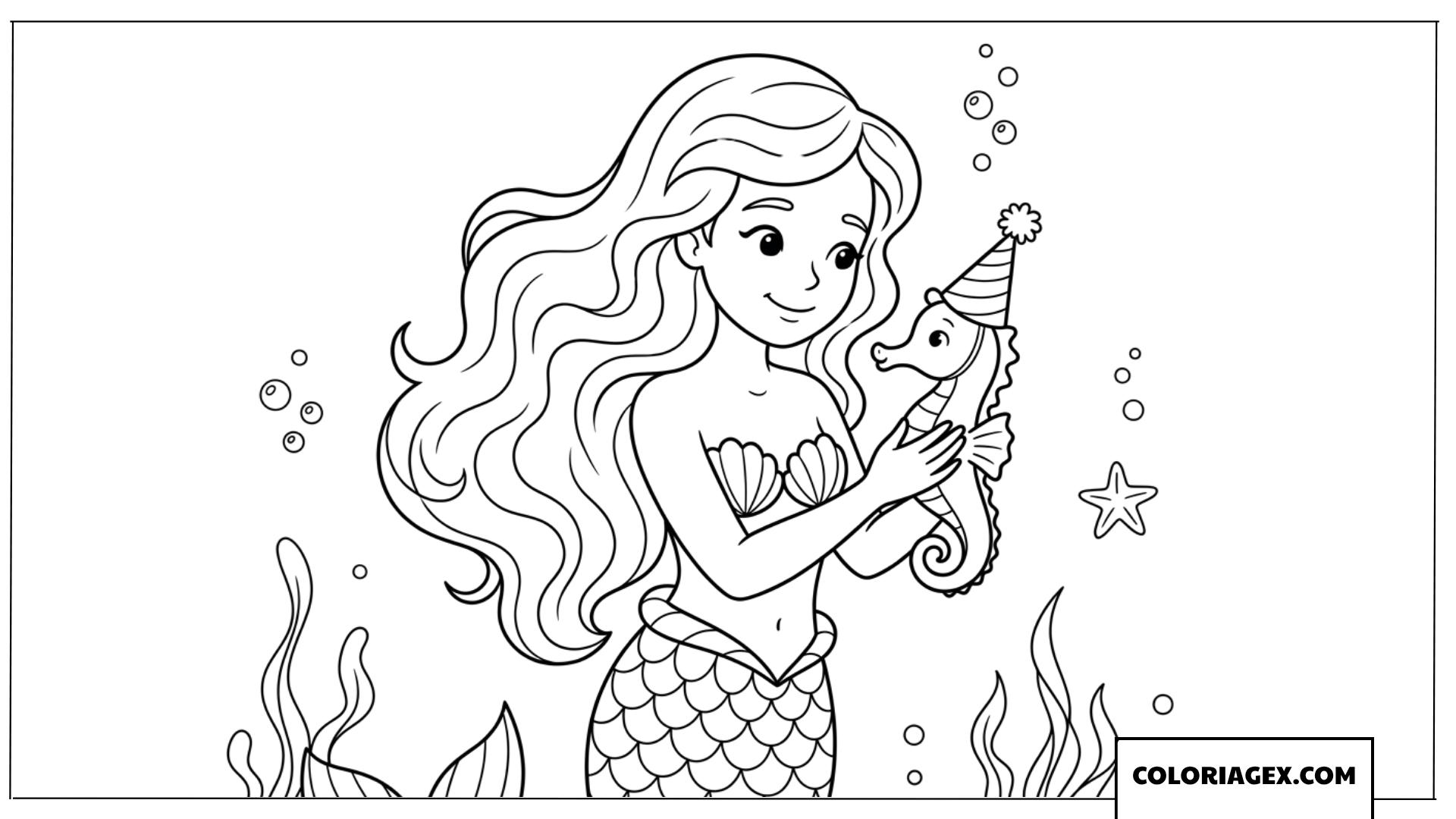 Coloriage de sirene tenant un hippocampe rigolo