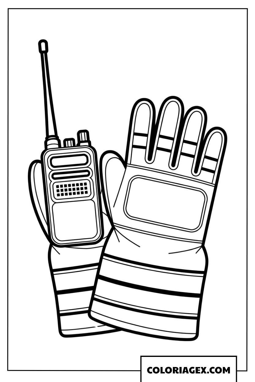 Coloriage de talkie walkie et gants de pompier