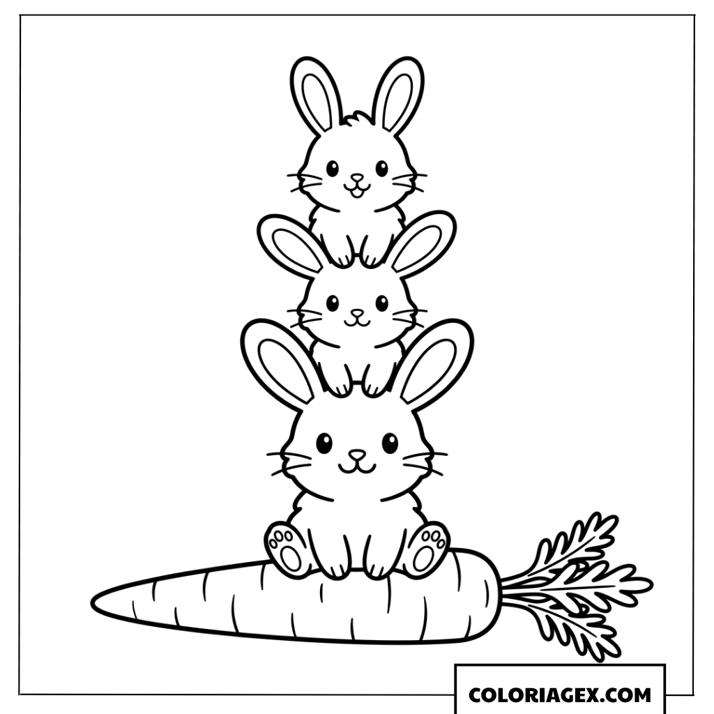 Coloriage de trois lapins empilés sur une carotte