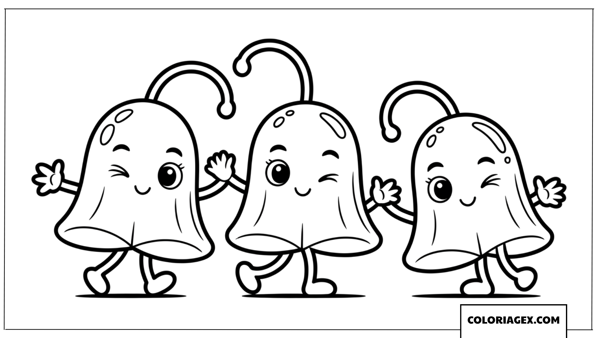 Coloriage de trois petites fleurs en cloche dansantes et amusantes
