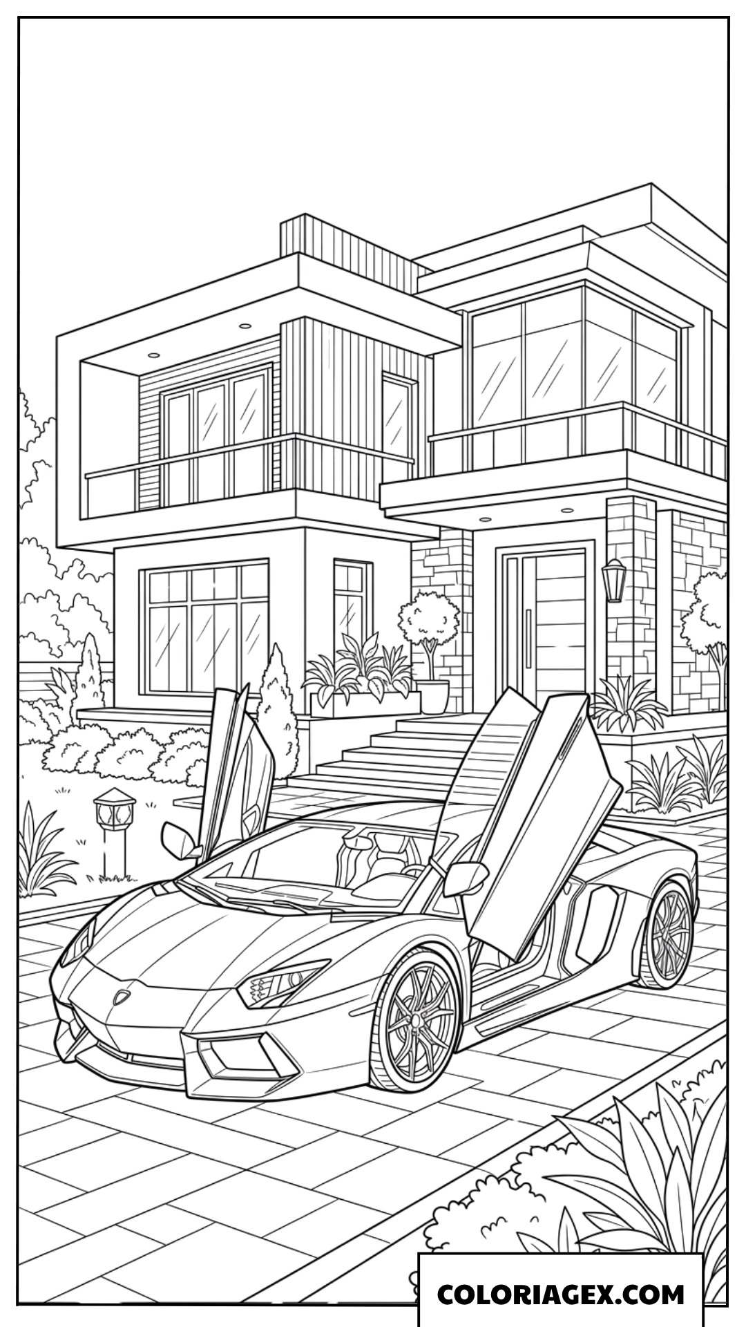 Coloriage de voiture Lamborghini Aventador et maison moderne