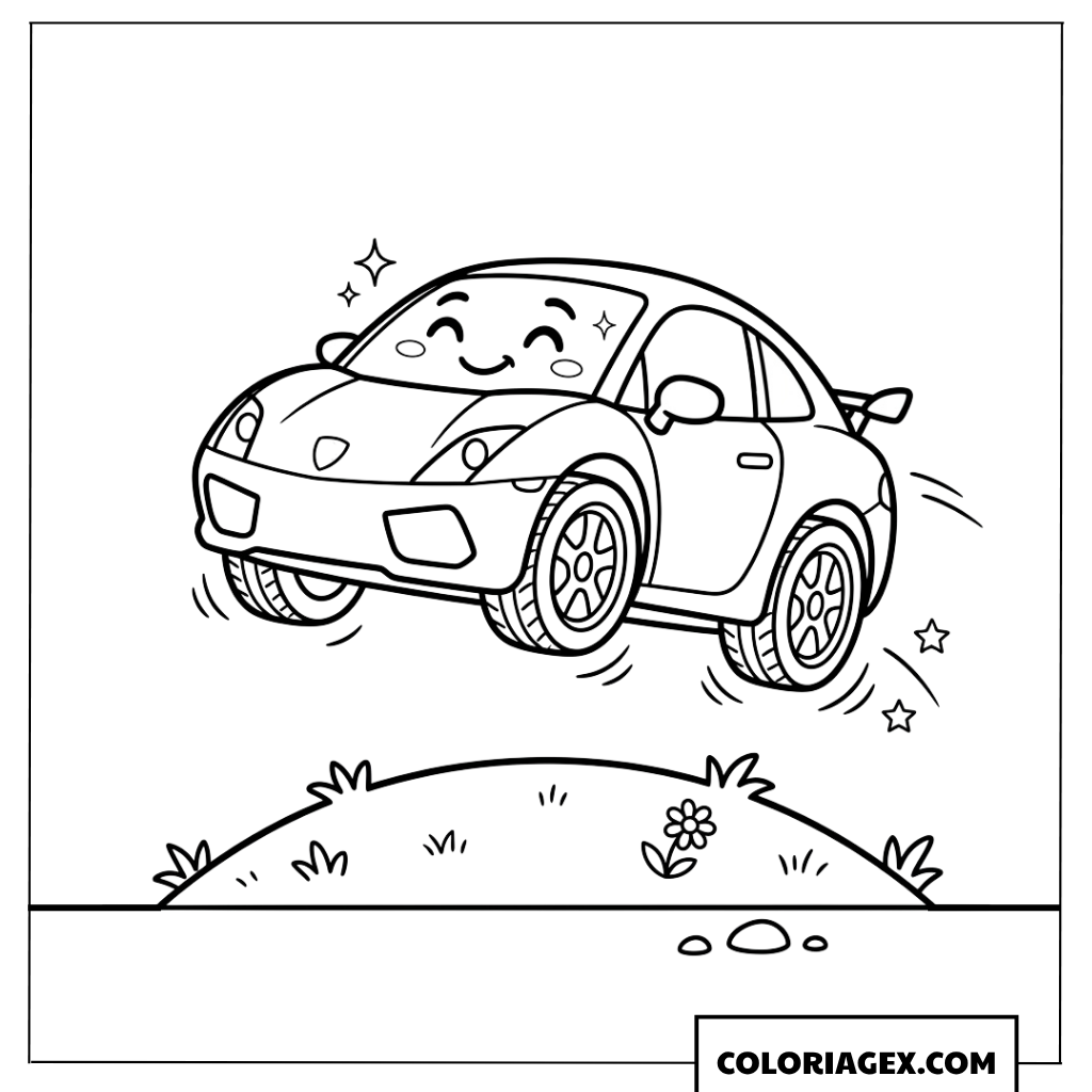 Coloriage de voiture Lamborghini dessin anime sautant sur une colline
