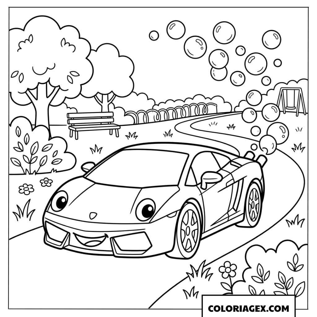 Coloriage de voiture Lamborghini soufflant des bulles dans le parc