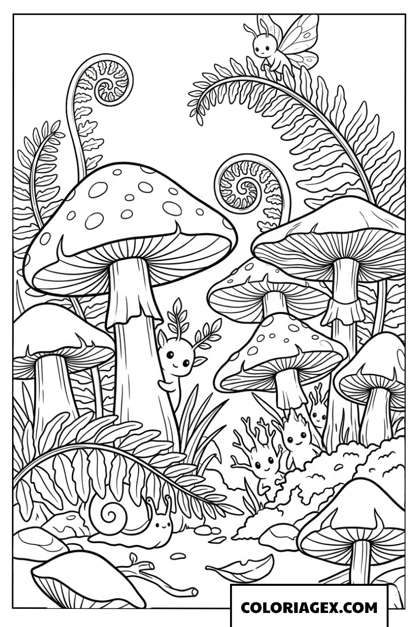 Coloriage des esprits de la forêt parmi les champignons