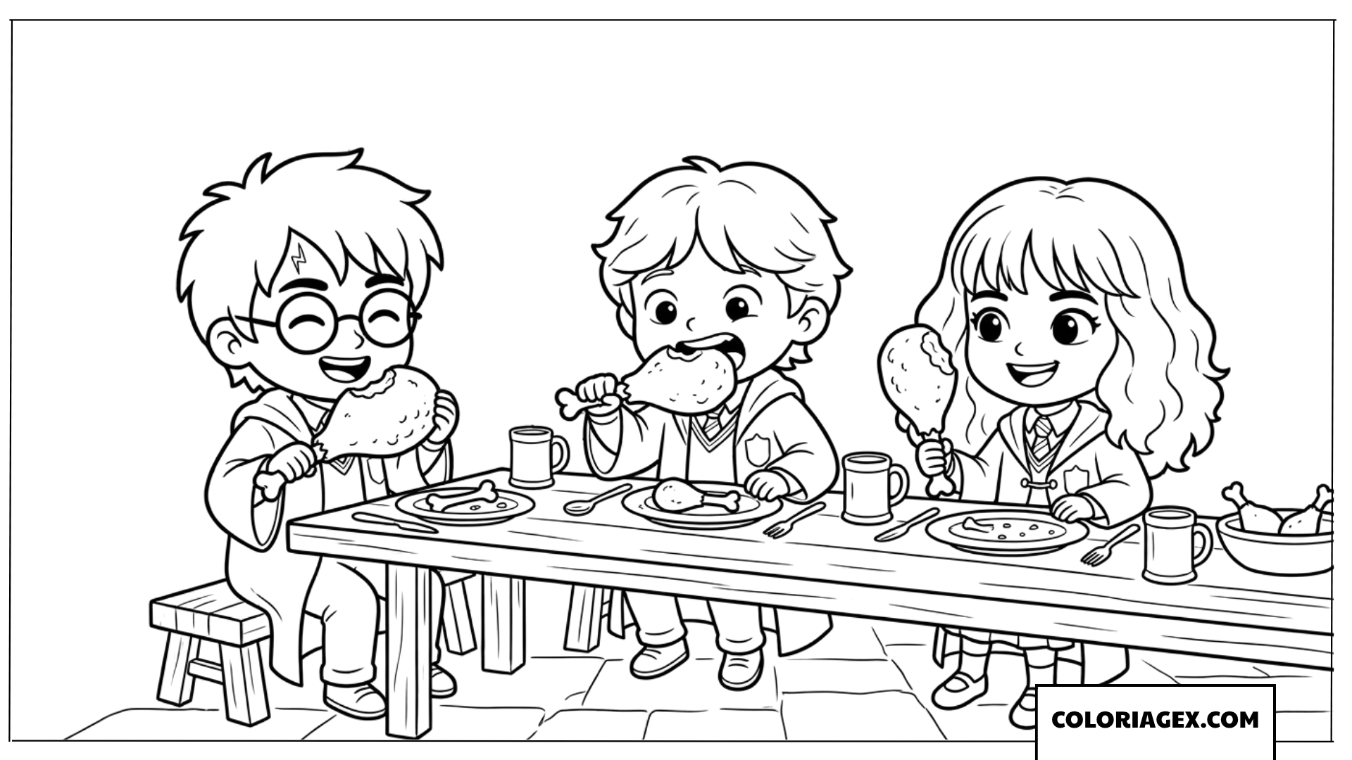 Coloriage des trois amis Harry Ron et Hermione en train de diner