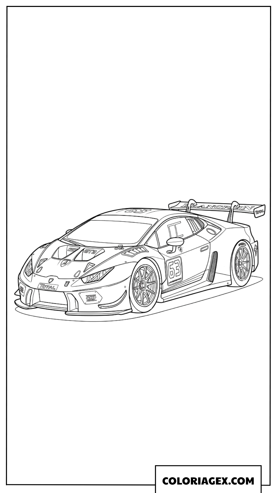 Coloriage détaillé de la supercar Lamborghini numero 63 sur piste