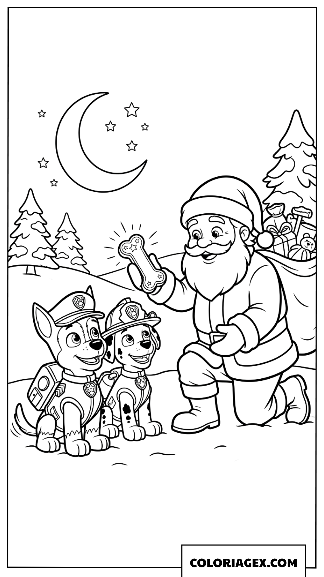 Coloriage du Père Noël offrant un os spécial aux chiots de la Patrouille Paw