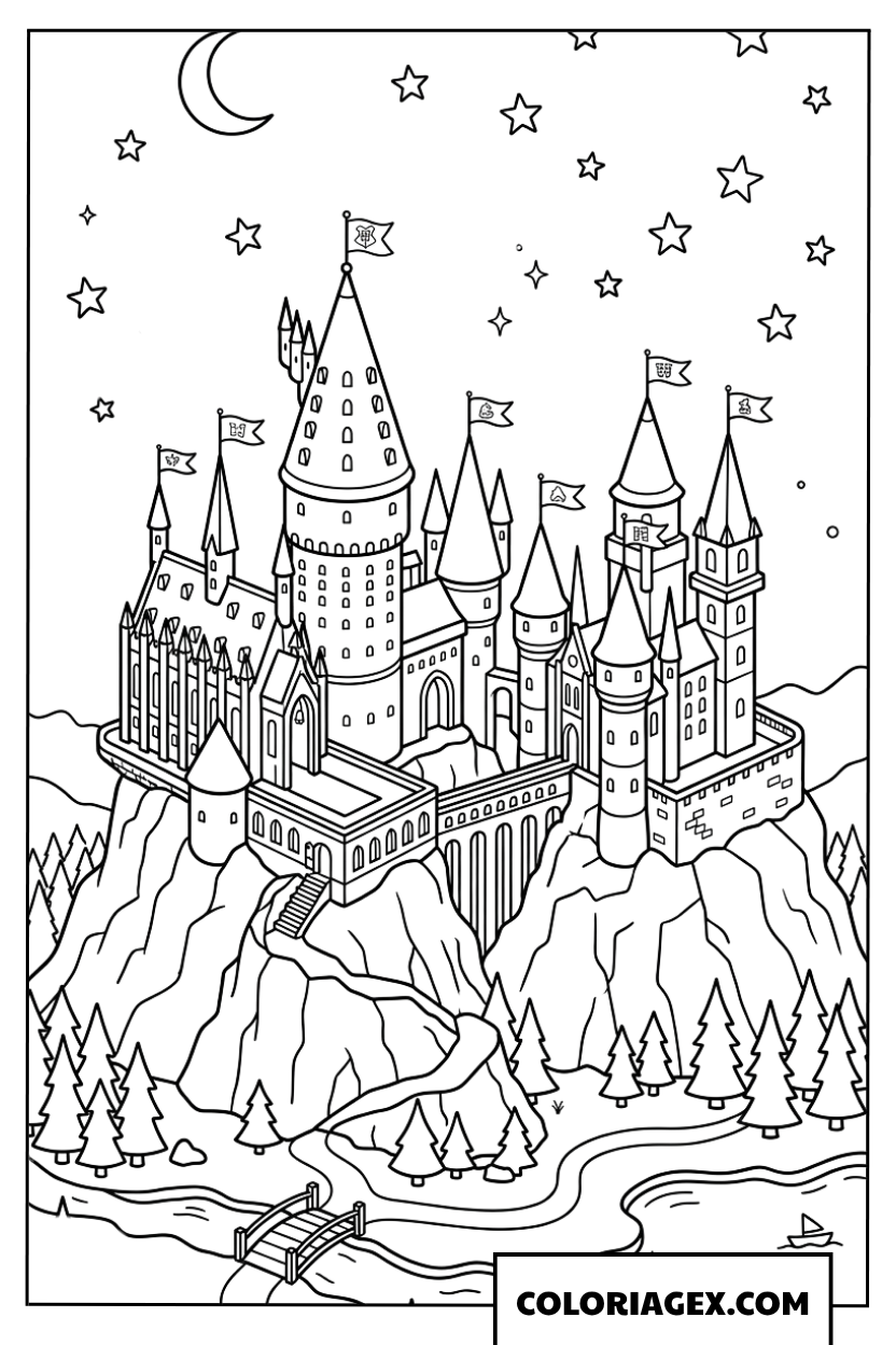 Coloriage du château de Poudlard sous un ciel étoilé