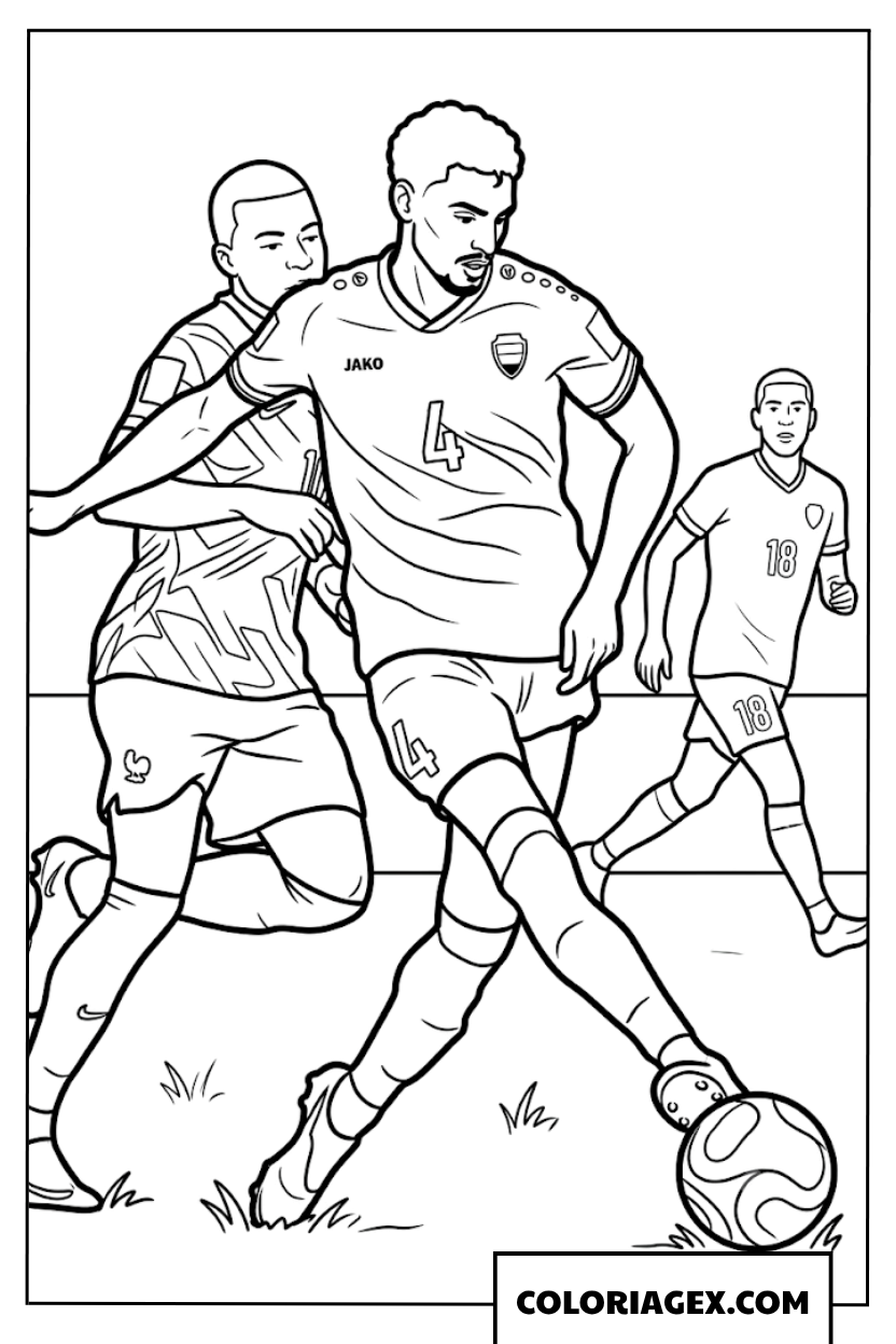 Coloriage du defenseur irakien numero 4 devançant Kylian Mbappe