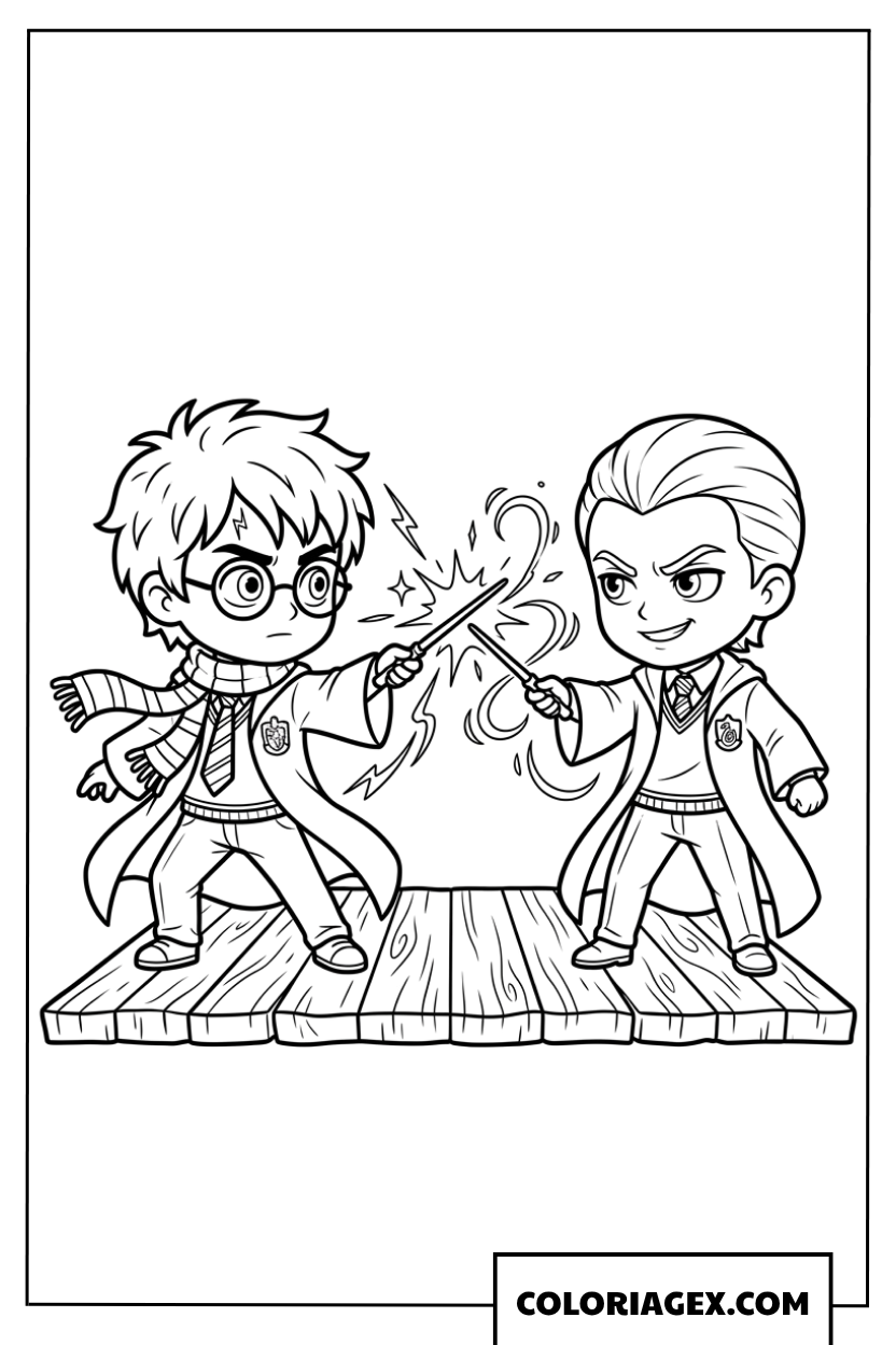 Coloriage du duel entre Harry Potter et Draco Malfoy