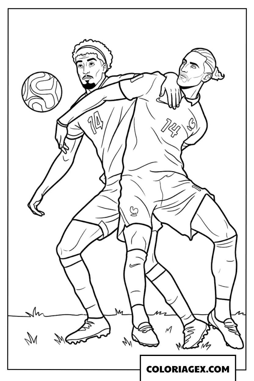 Coloriage du duel intense entre deux joueurs numero 14 au Mondial