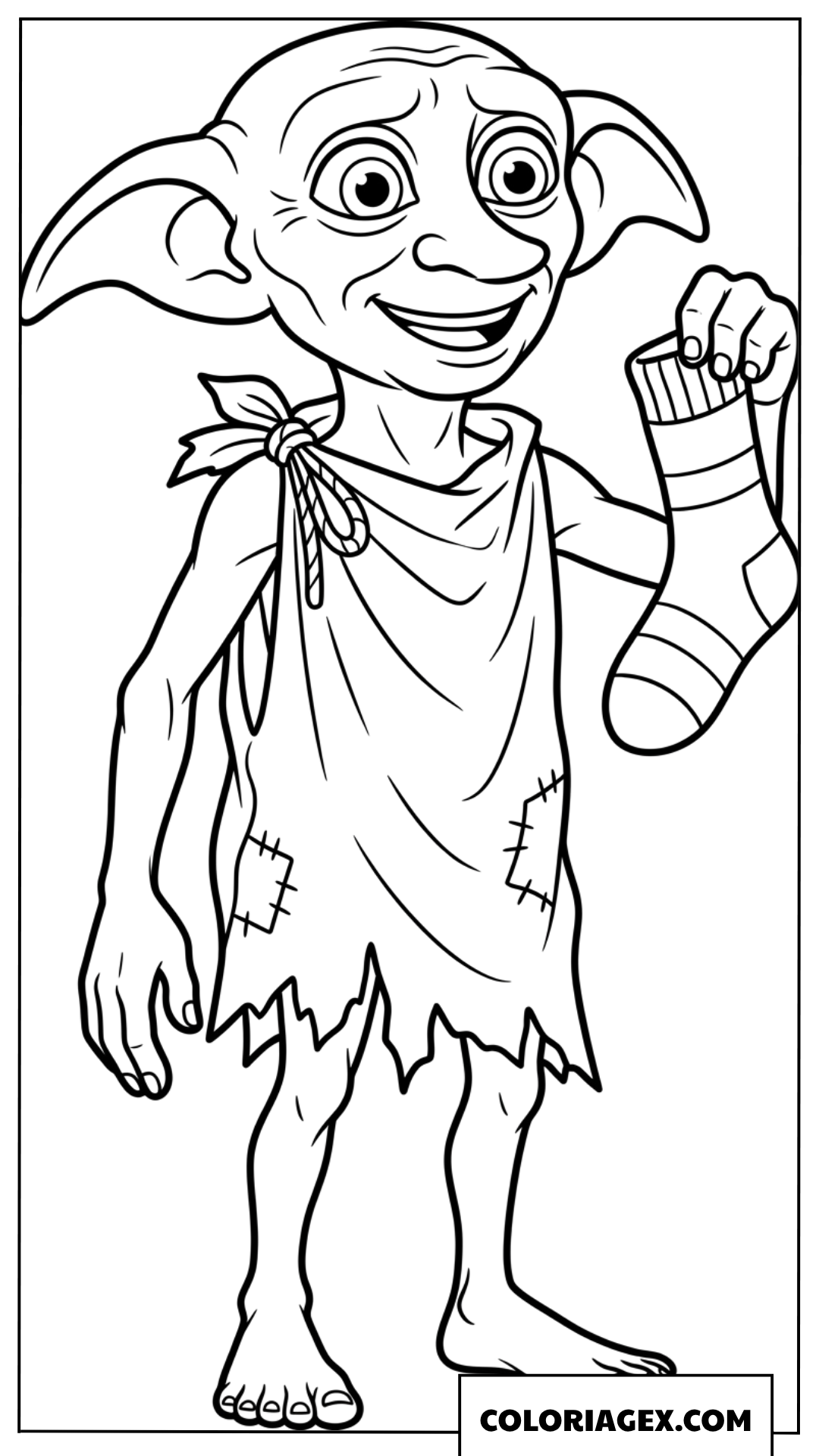 Coloriage du gentil elfe Dobby tenant une chaussette