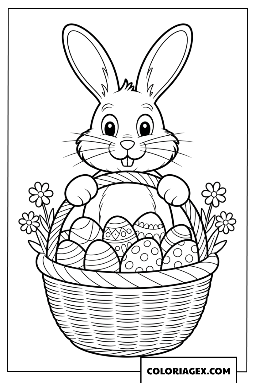 Coloriage du lapin de Pâques avec un panier d'œufs