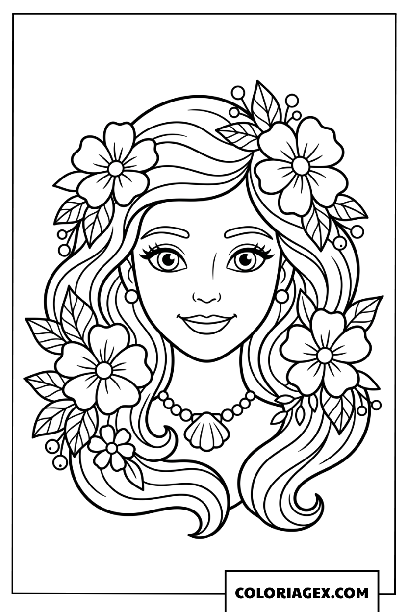 Coloriage du magnifique portrait d une sirene avec des fleurs