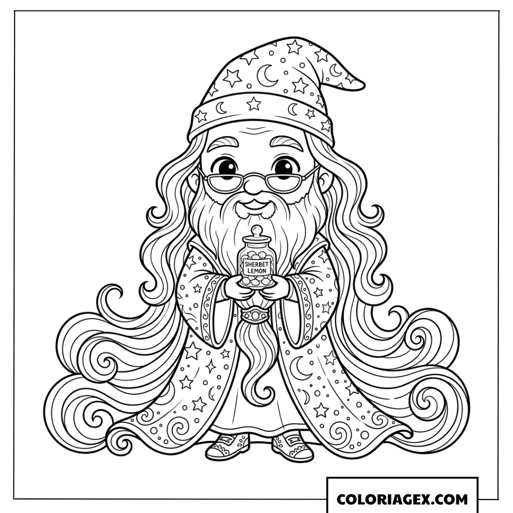 Coloriage du professeur Dumbledore avec ses bonbons magiques