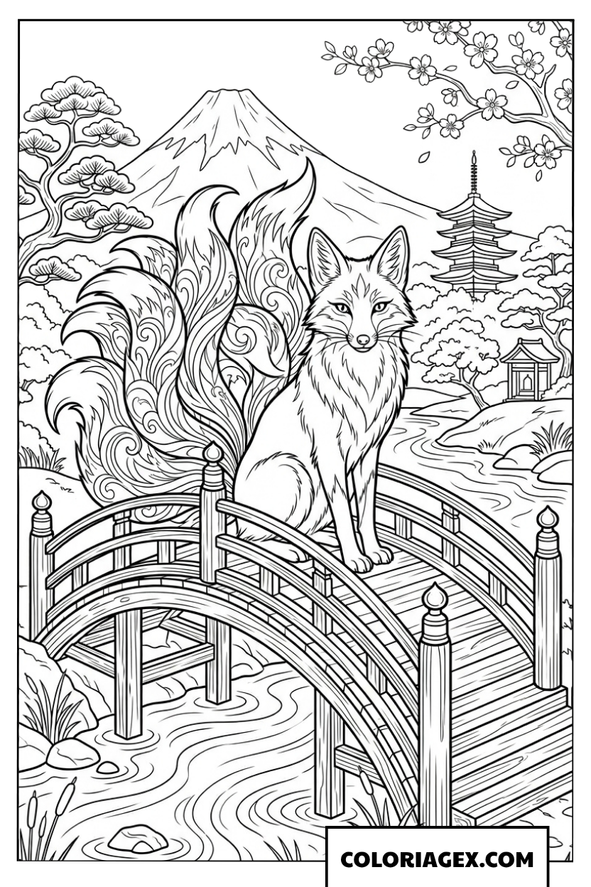 Coloriage du renard à neuf queues sur un pont