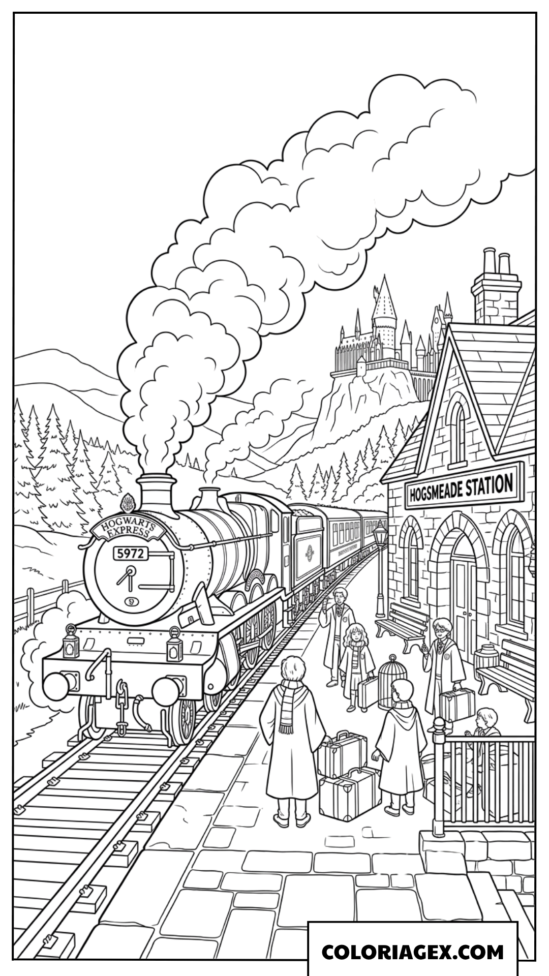 Coloriage du train Hogwarts Express en gare