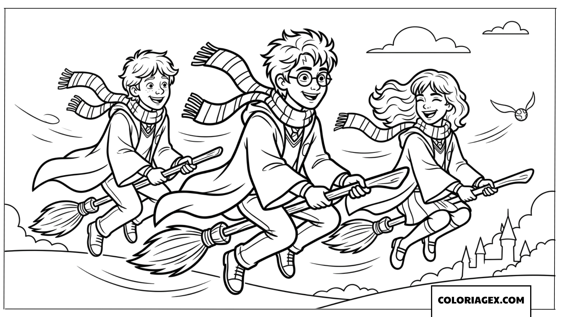 Coloriage du trio Harry Ron et Hermione volant ensemble sur des balais magiques