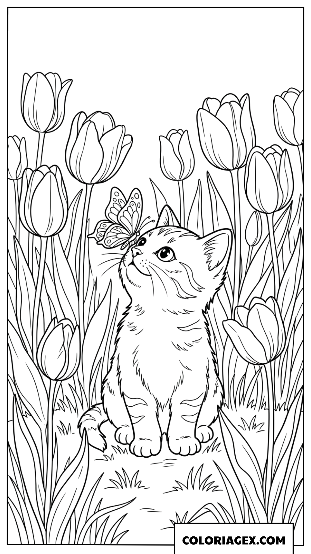 Coloriage d'un adorable chaton observant un papillon dans un jardin de tulipes