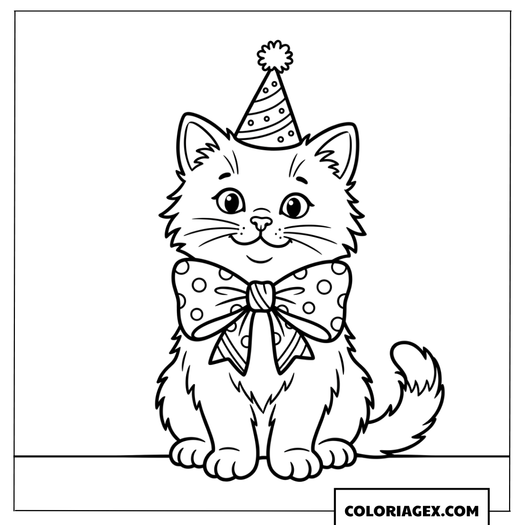 Coloriage d'un adorable chaton portant un chapeau de fête