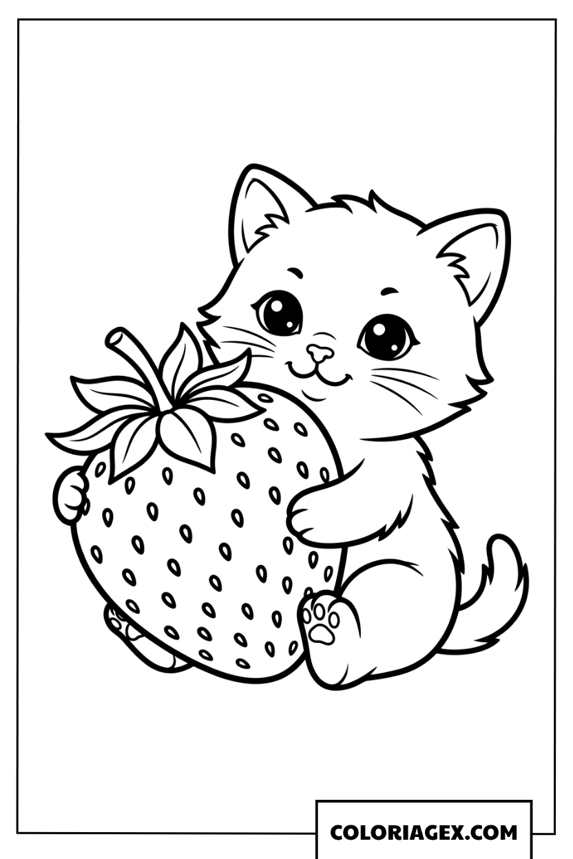 Coloriage d'un adorable chaton serrant une fraise géante