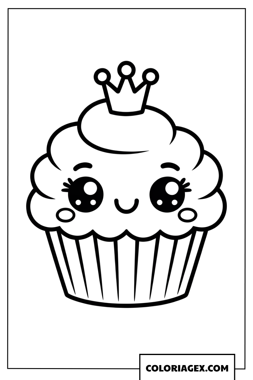 Coloriage d'un adorable cupcake kawaii avec une couronne
