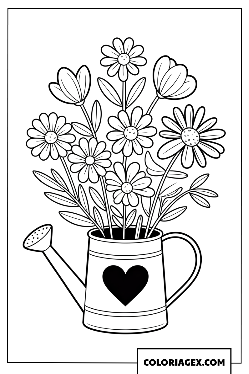 Coloriage d'un arrosoir en forme de cœur avec des fleurs