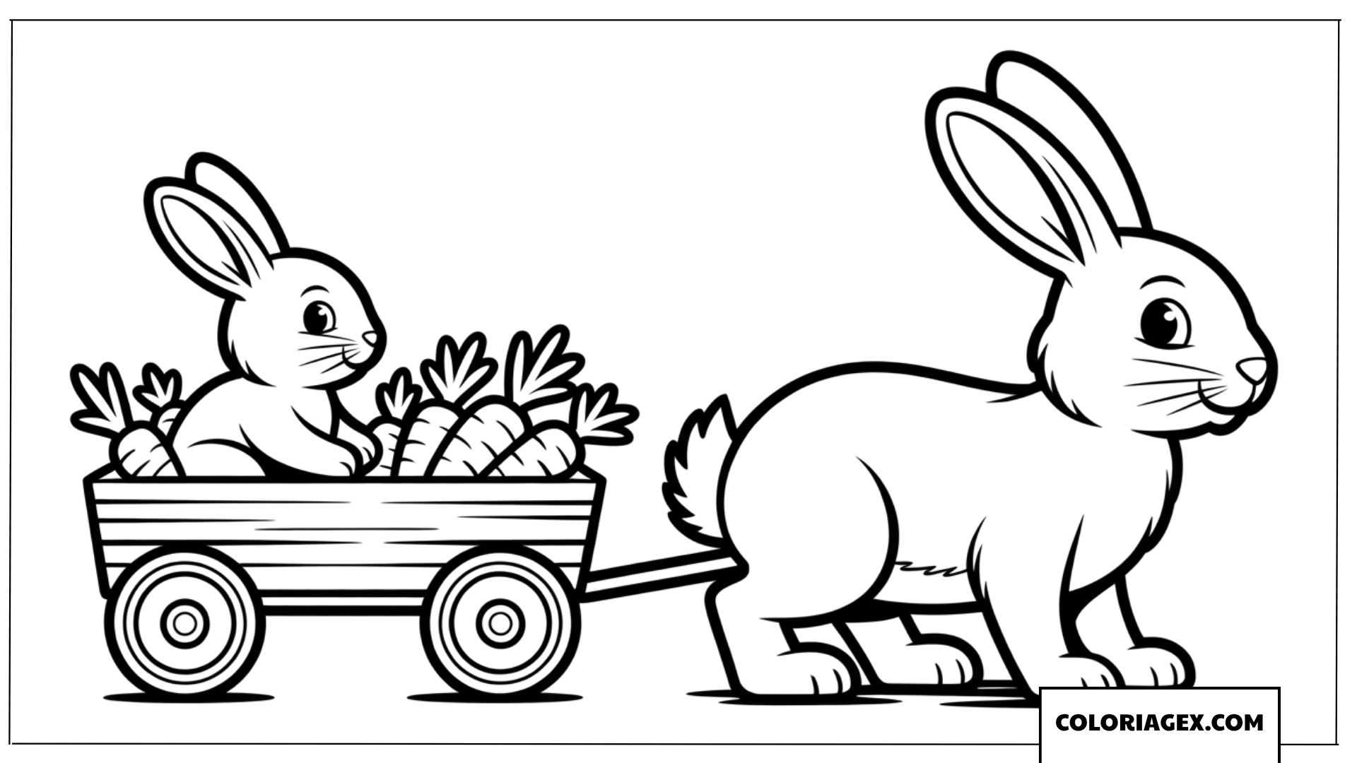 Coloriage d'un bébé lapin sage assis dans un chariot en bois rempli de carottes