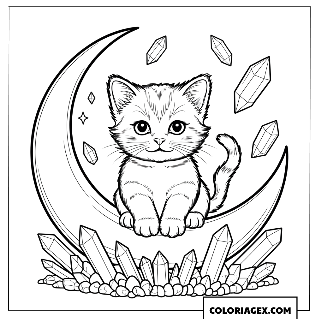 Coloriage d'un chaton assis sur un croissant de lune magique