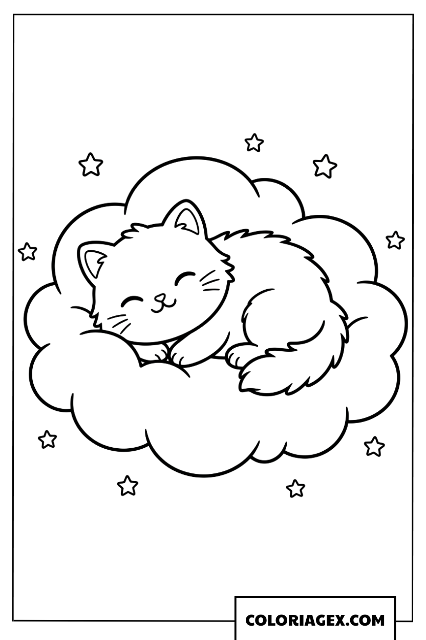 Coloriage d'un chaton en plein sommeil sur un nuage