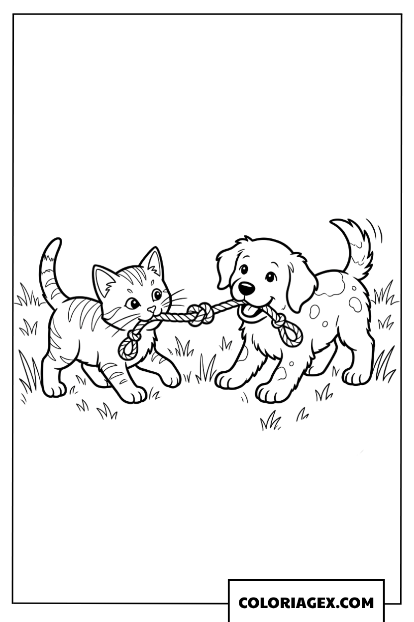 Coloriage d'un chaton et d'un chiot jouant au tir à la corde dans l'herbe
