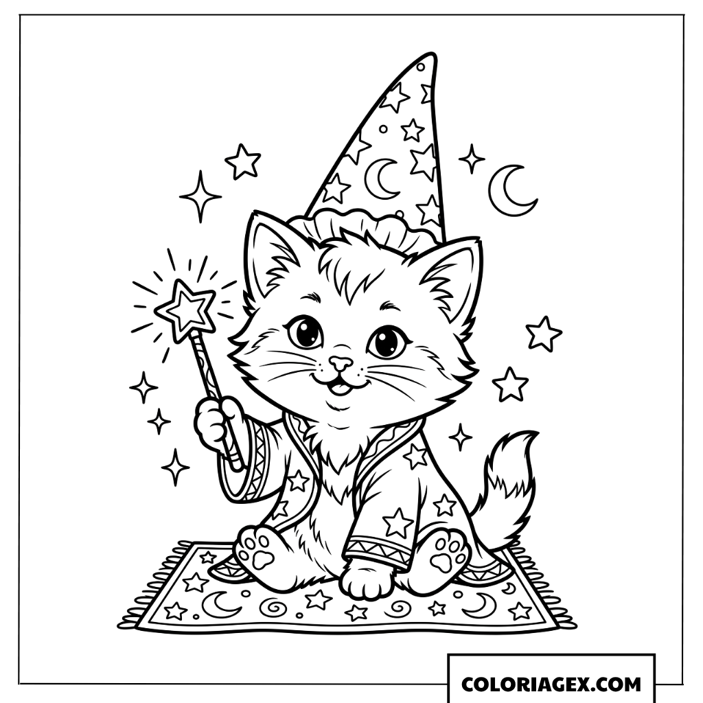 Coloriage d'un chaton magicien tenant une baguette magique espiègle