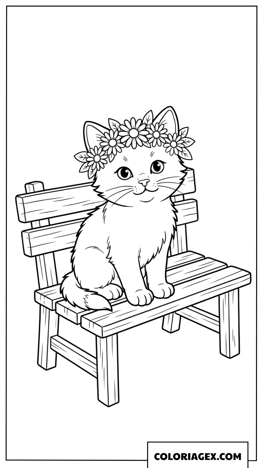 Coloriage d'un chaton mignon portant une couronne de fleurs sur un banc