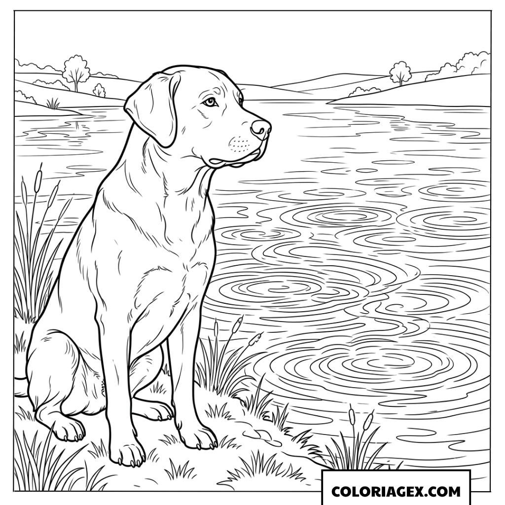 Coloriage dun chien Labrador assis pres dun lac