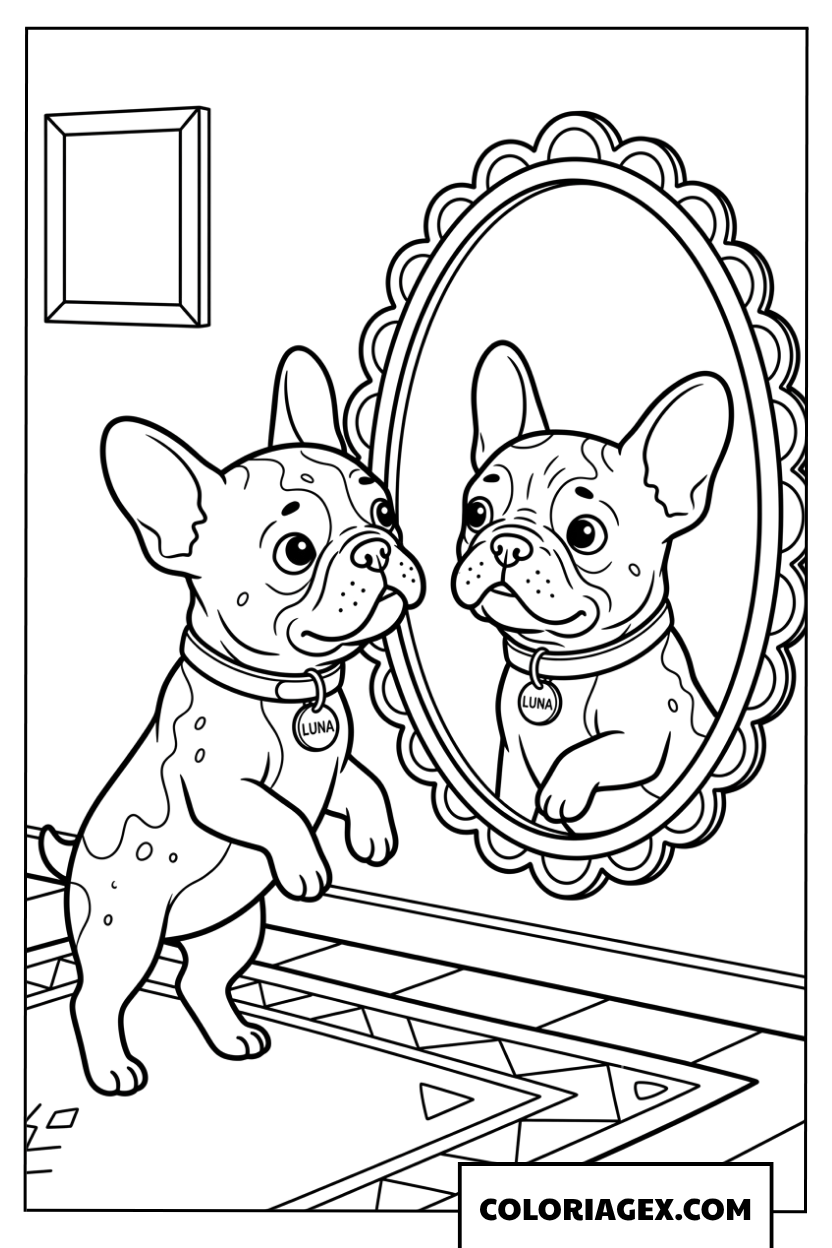 Coloriage d'un chiot Bouledogue Français curieux devant un miroir
