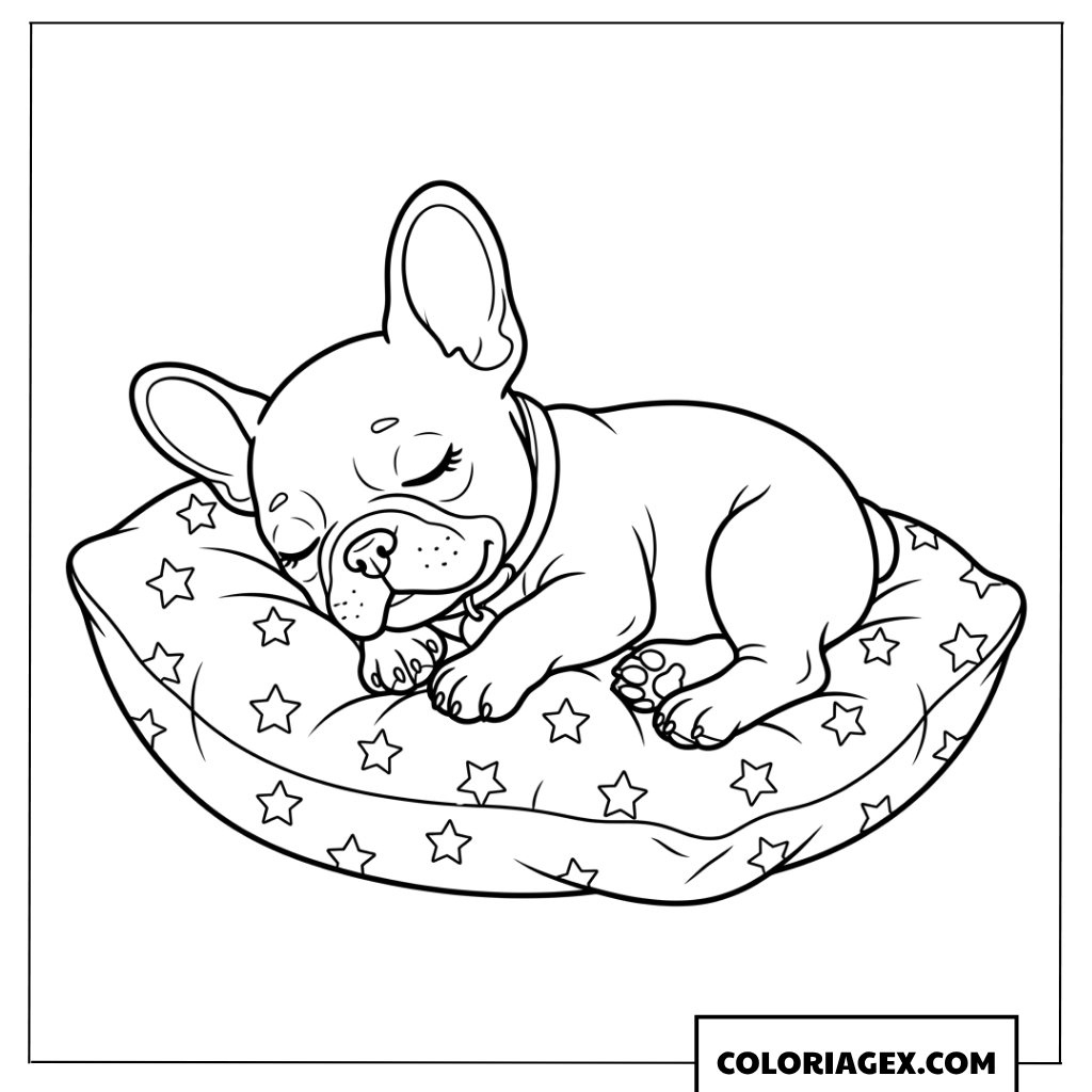 Coloriage d'un chiot Bouledogue dormant sur un coussin