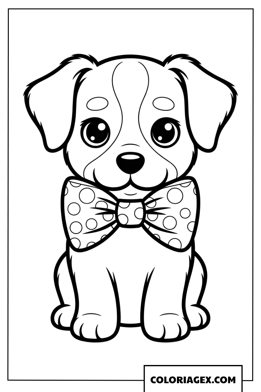 Coloriage d'un chiot avec un nœud à pois
