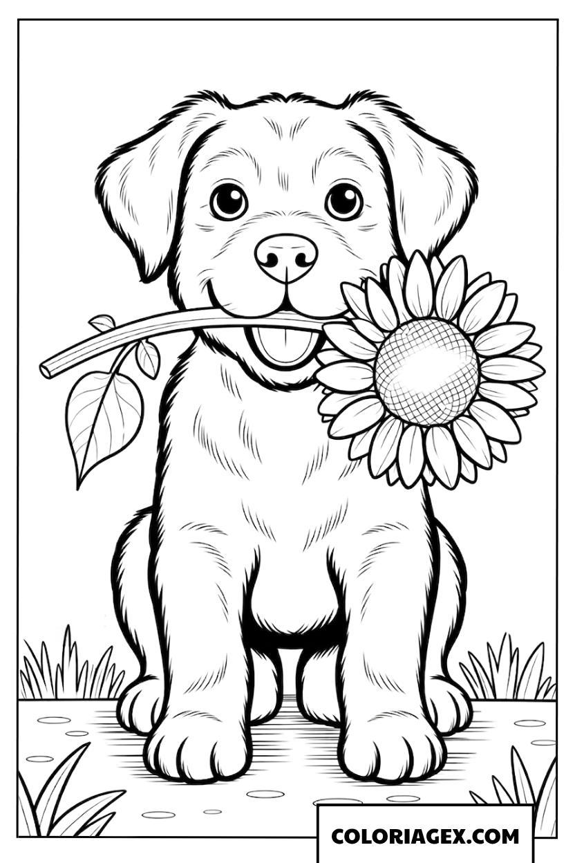 Coloriage d'un chiot avec un tournesol