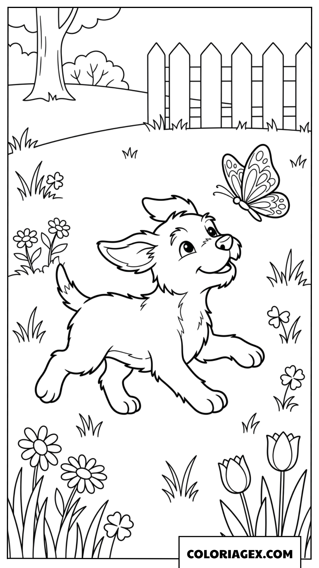 Coloriage d'un chiot poursuivant un papillon dans le jardin
